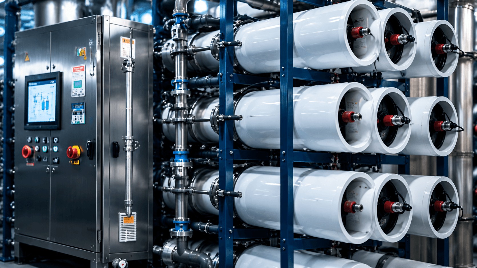 Industrial reverse osmosis membrane system and pressure vessels