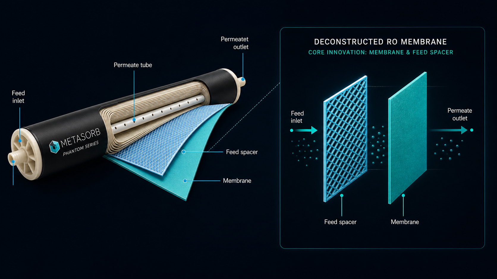 Deconstructed reverse-osmosis membrane element highlighting the membrane and feed spacer