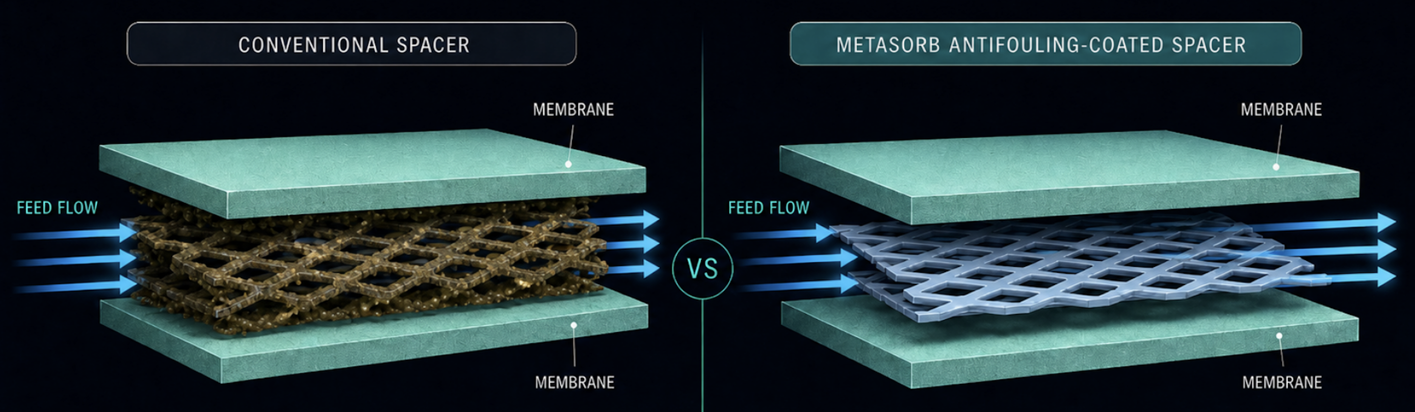 Comparison between a conventional RO feed spacer and a METASORB antifouling-coated feed spacer